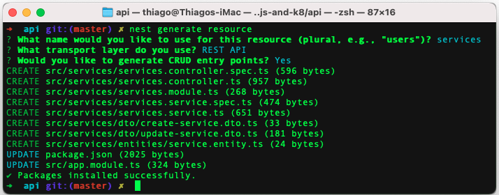 Output of 'nest generate resource' command